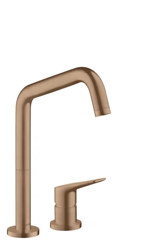 Küchenmischer von AXOR mit zwei Löchern und einem schwenkbaren Auslauf in Brushed Red Gold, kombiniert mit einem separaten Hebel für die Wassersteuerung.